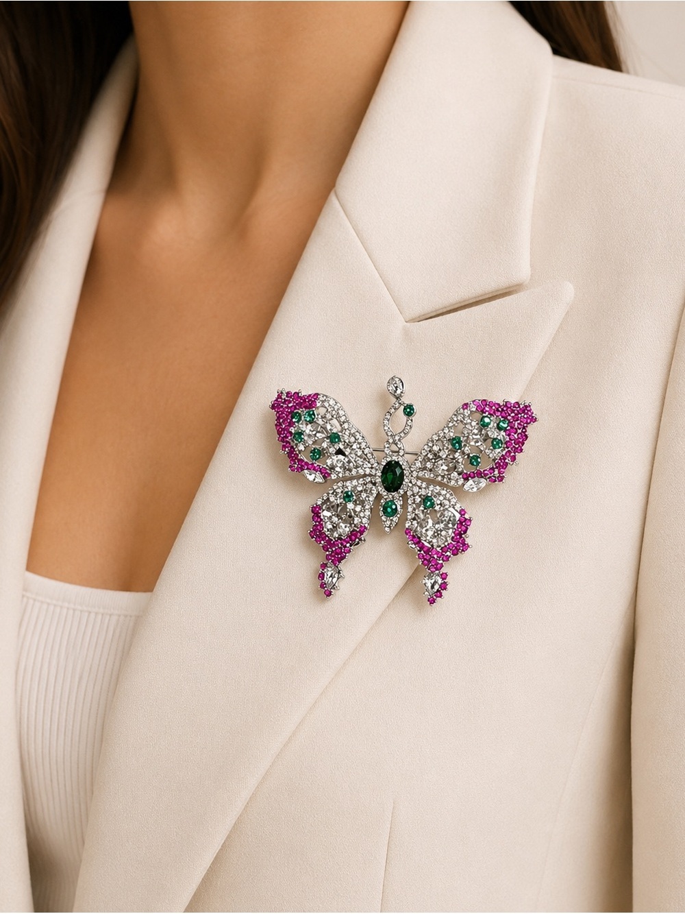 Pink & Green Crystal Butterfly Statement Brooch